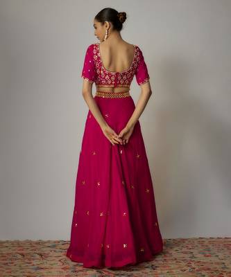 Pink Organza Thread & Mirror Embroidered Lehenga Set 2