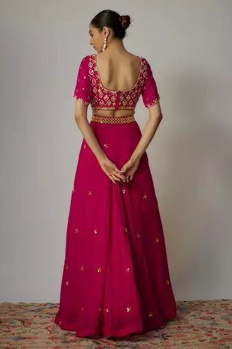 Pink Organza Thread & Mirror Embroidered Lehenga Set