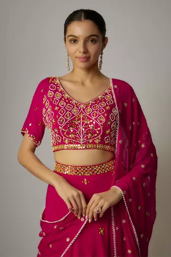 Pink Organza Thread & Mirror Embroidered Lehenga Set