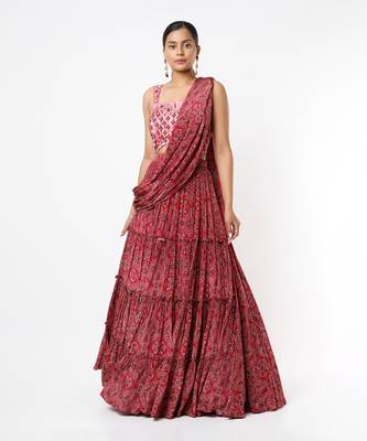 Pink Viscose Printed & Embellished Draped Lehenga Set 1