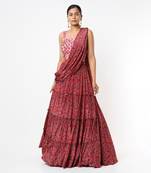 Pink Viscose Printed & Embellished Draped Lehenga Set