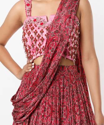 Pink Viscose Printed & Embellished Draped Lehenga Set 2