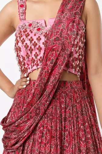 Pink Viscose Printed & Embellished Draped Lehenga Set