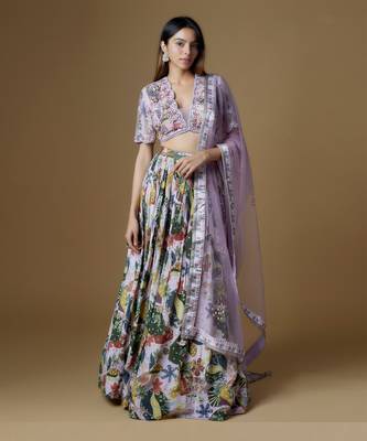 Lilac Crepe FLoral Printed Lehenga Set 1