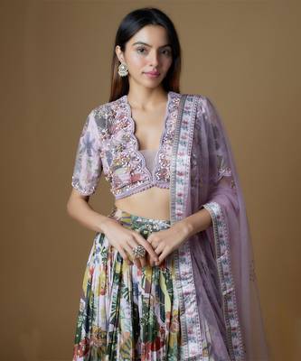 Lilac Crepe FLoral Printed Lehenga Set 3
