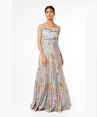 Grey Embroidered & Printed Lehenga Set 1