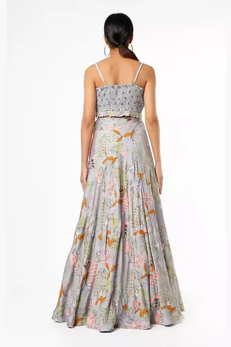 Grey Embroidered & Printed Lehenga Set