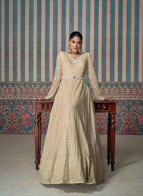 Cream georgette chikankari embroidered trendy gown 3
