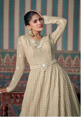 Cream georgette chikankari embroidered trendy gown 4