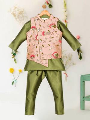 Saka designs art silk green kurta pyjama peach embellished jacket 3 pcs set for boys 1