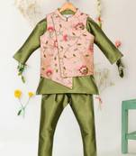Saka designs art silk green kurta pyjama peach embellished jacket 3 pcs set for boys