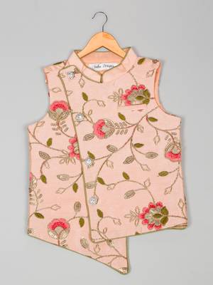 Saka designs art silk green kurta pyjama peach embellished jacket 3 pcs set for boys 5