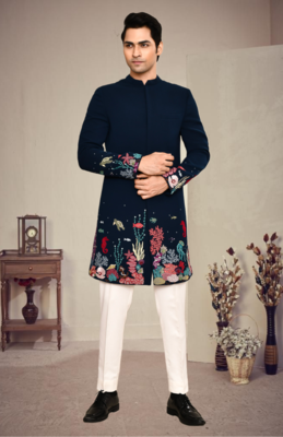 Blue suiting fabrfic embroidery sherwani set 1