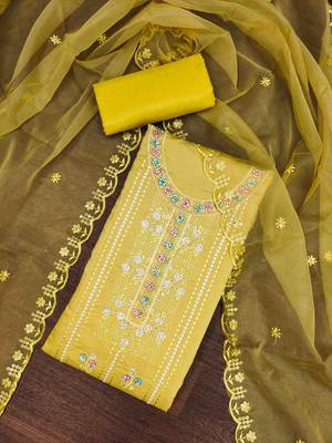 Yellow Roman Cotton silk blend Handwork Unstitched Dress Material 1