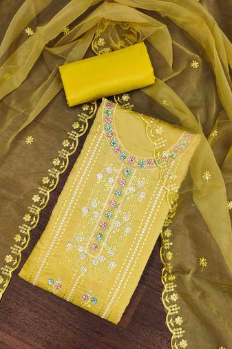 Yellow Roman Cotton silk blend Handwork Unstitched Dress Material