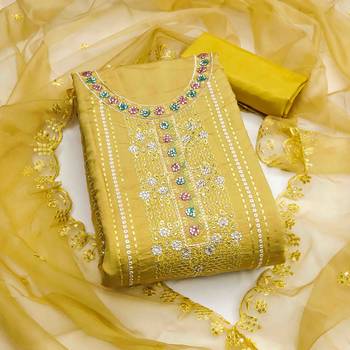 Yellow Roman Cotton silk blend Handwork Unstitched Dress Material 2