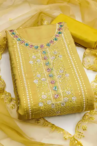 Yellow Roman Cotton silk blend Handwork Unstitched Dress Material