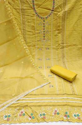 Yellow Roman Cotton silk blend Handwork Unstitched Dress Material 3
