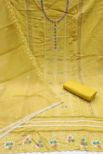 Yellow Roman Cotton silk blend Handwork Unstitched Dress Material