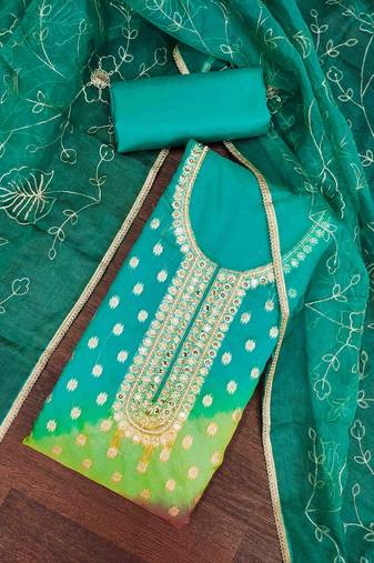 Rama Organza Banarasi Handwork Unstitched Dress Material