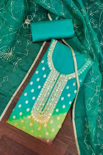Rama Organza Banarasi Handwork Unstitched Dress Material