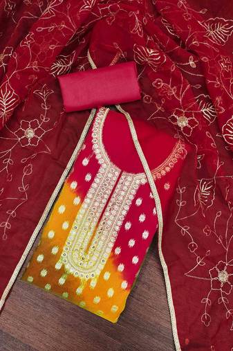 Red Organza Banarasi Handwork Unstitched Dress Material