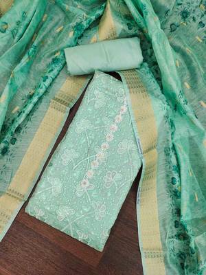 Mint Roman Cotton silk blend Handwork Unstitched Dress Material 1