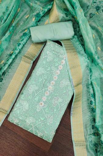 Mint Roman Cotton silk blend Handwork Unstitched Dress Material