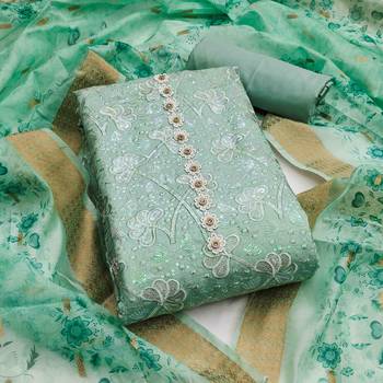 Mint Roman Cotton silk blend Handwork Unstitched Dress Material 2