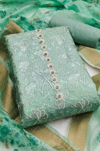 Mint Roman Cotton silk blend Handwork Unstitched Dress Material