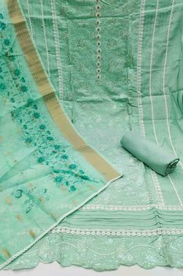 Mint Roman Cotton silk blend Handwork Unstitched Dress Material 3