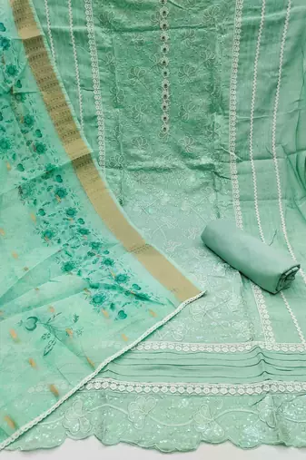 Mint Roman Cotton silk blend Handwork Unstitched Dress Material