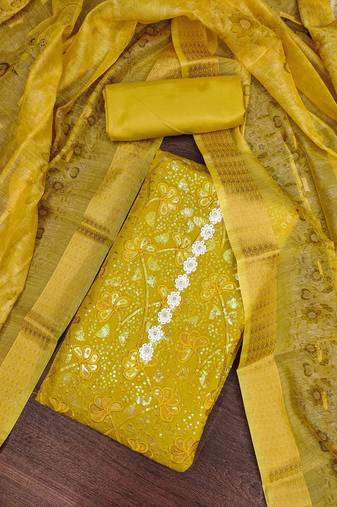 Lime Roman Cotton silk blend Handwork Unstitched Dress Material