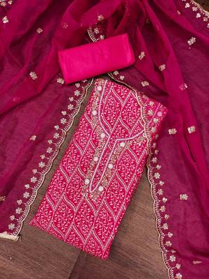 Magenta Premium Roman silk blend Handwork Unstitched Dress Material 1