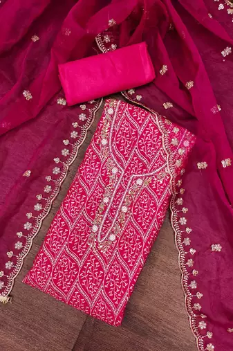 Magenta Premium Roman silk blend Handwork Unstitched Dress Material