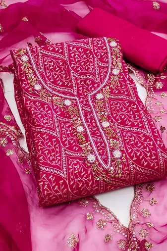 Magenta Premium Roman silk blend Handwork Unstitched Dress Material