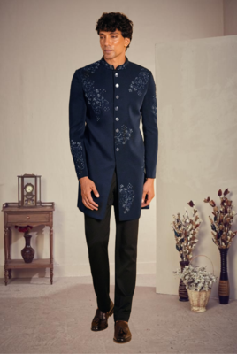 Blue silk blend threadswork sherwani with pant 1