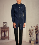 Blue silk blend threadswork sherwani with pant