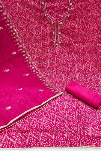 Magenta Premium Roman silk blend Handwork Unstitched Dress Material