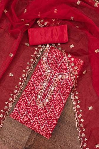 Red Premium Roman silk blend Handwork Unstitched Dress Material