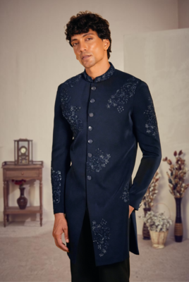 Blue silk blend threadswork sherwani with pant 2