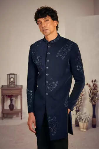Blue silk blend threadswork sherwani with pant