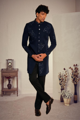Blue silk blend threadswork sherwani with pant 3