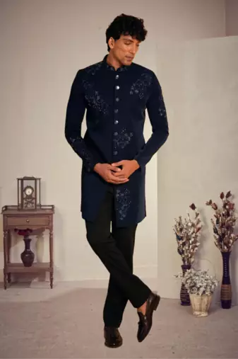 Blue silk blend threadswork sherwani with pant