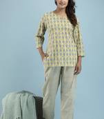 Yellow printed cotton kurta set for nightwear