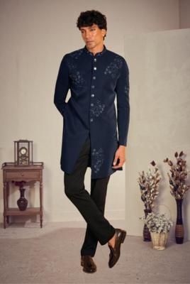 Blue silk blend threadswork sherwani with pant 4