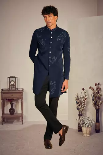 Blue silk blend threadswork sherwani with pant