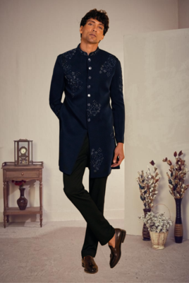 Blue silk blend threadswork sherwani with pant 5