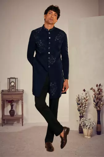 Blue silk blend threadswork sherwani with pant