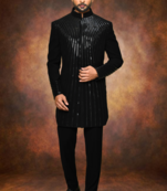Black embellished stripe sherwani for man